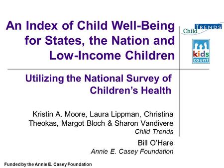 An Index of Child Well-Being for States, the Nation and Low-Income Children Kristin A. Moore, Laura Lippman, Christina Theokas, Margot Bloch & Sharon Vandivere.