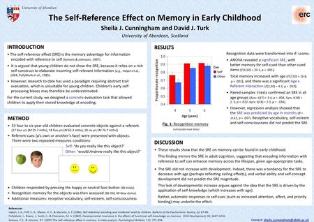 The Self-Reference Effect on Memory in Early Childhood Sheila J. Cunningham and David J. Turk University of Aberdeen, Scotland University of Aberdeen INTRODUCTION.