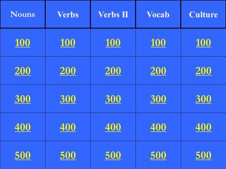 200 300 400 500 100 200 300 400 500 100 200 300 400 500 100 200 300 400 500 100 200 300 400 500 100 Nouns VerbsVerbs IIVocabCulture.