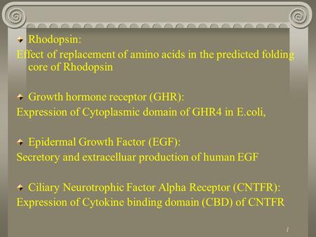 1 Rhodopsin: Effect of replacement of amino acids in the predicted folding core of Rhodopsin Growth hormone receptor (GHR): Expression of Cytoplasmic domain.