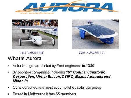 What is Aurora Volunteer group started by Ford engineers in 1980 37 sponsor companies including 101 Collins, Sumitomo Corporation, Minter Ellison, CSIRO,