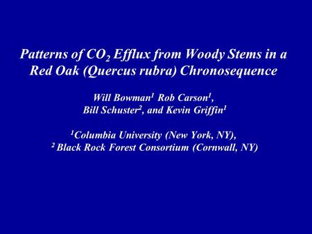 Patterns of CO 2 Efflux from Woody Stems in a Red Oak (Quercus rubra) Chronosequence Will Bowman 1 Rob Carson 1, Bill Schuster 2, and Kevin Griffin 1 1.