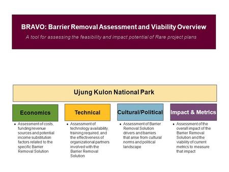 A tool for assessing the feasibility and impact potential of Rare project plans BRAVO: Barrier Removal Assessment and Viability Overview Ujung Kulon National.