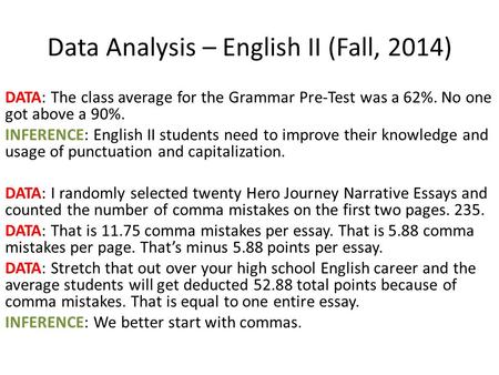 Data Analysis – English II (Fall, 2014) DATA: The class average for the Grammar Pre-Test was a 62%. No one got above a 90%. INFERENCE: English II students.