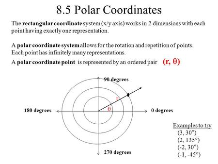 8.5 Polar Coordinates The rectangular coordinate system (x/y axis) works in 2 dimensions with each point having exactly one representation. A polar coordinate.