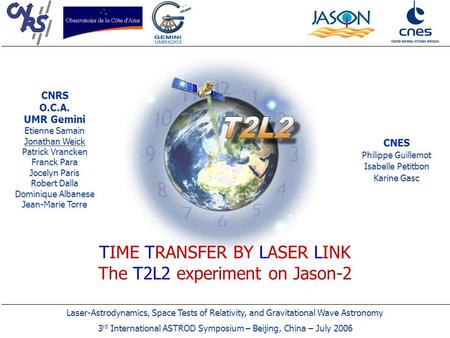 Laser-Astrodynamics, Space Tests of Relativity, and Gravitational Wave Astronomy 3 rd International ASTROD Symposium – Beijing, China – July 2006 TIME.