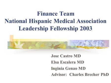 Finance Team National Hispanic Medical Association Leadership Fellowship 2003 Jose Castro MD Elsa Escalera MD Inginia Genao MD Advisor: Charles Brecher.