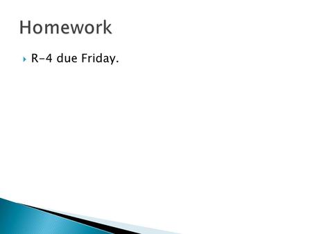  R-4 due Friday..  What would you consider to be the characteristics of a good leader, and why?