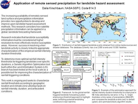 Application of remote sensed precipitation for landslide hazard assessment Dalia Kirschbaum, NASA GSFC, Code 614.3 The increasing availability of remotely.