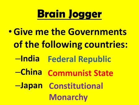 Brain Jogger Give me the Governments of the following countries: India