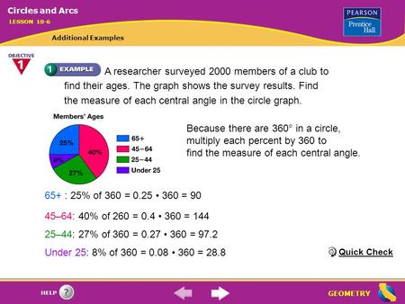 GEOMETRY HELP Because there are 360° in a circle, multiply each percent by 360 to find the measure of each central angle. 65+ : 25% of 360 = 0.25 360 =