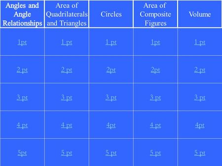 2 pt 3 pt 4 pt 5pt 1 pt 2 pt 3 pt 4 pt 5 pt 1 pt 2pt 3 pt 4pt 5 pt 1pt 2pt 3 pt 4 pt 5 pt 1 pt 2 pt 3 pt 4pt 5 pt 1pt Area of Quadrilaterals and Triangles.