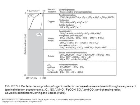 FIGURE 3.1 Bacterial decomposition of organic matter in marine/estuarine sediments through a sequence of terminal electron acceptors (e.g., O2, NO3¯,