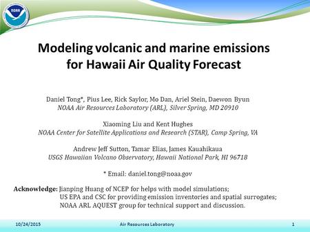 Modeling volcanic and marine emissions for Hawaii Air Quality Forecast 10/24/2015Air Resources Laboratory1 Daniel Tong*, Pius Lee, Rick Saylor, Mo Dan,