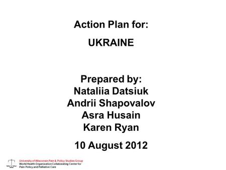 University of Wisconsin Pain & Policy Studies Group World Health Organization Collaborating Center for Pain Policy and Palliative Care Action Plan for: