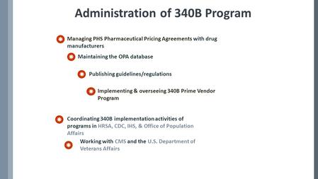 Coordinating 340B implementation activities of programs in HRSA, CDC, IHS, & Office of Population Affairs  Maintaining the OPA database  Publishing guidelines/regulations.