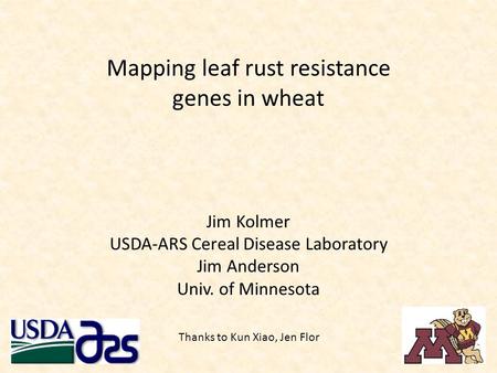 Mapping leaf rust resistance genes in wheat Jim Kolmer USDA-ARS Cereal Disease Laboratory Jim Anderson Univ. of Minnesota Thanks to Kun Xiao, Jen Flor.