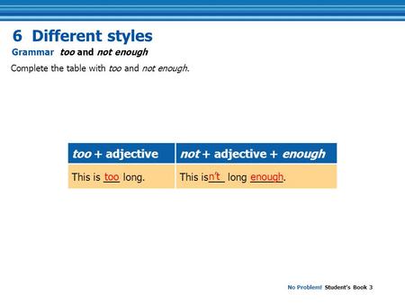 No Problem! Student’s Book 3 Complete the table with too and not enough. Grammar too and not enough 6 Different styles too + adjectivenot + adjective +