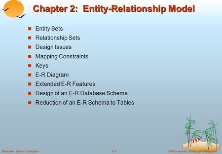 ©Silberschatz, Korth and Sudarshan2.1Database System Concepts Chapter 2: Entity-Relationship Model Entity Sets Relationship Sets Design Issues Mapping.