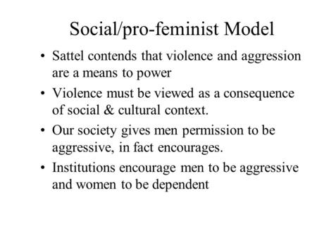 Social/pro-feminist Model Sattel contends that violence and aggression are a means to power Violence must be viewed as a consequence of social & cultural.