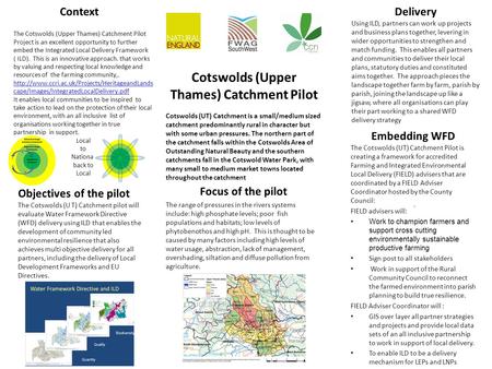 Objectives of the pilot The Cotswolds (U T) Catchment pilot will evaluate Water Framework Directive (WFD) delivery using ILD that enables the development.