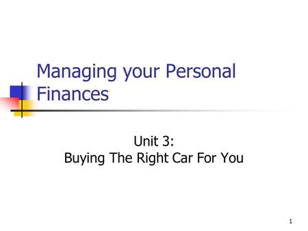 Managing your Personal Finances Unit 3: Buying The Right Car For You 1.