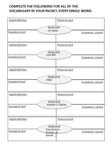 Ex sentence w/word English DefinitionPicture of word Example of word Vocab word COMPLETE THE FOLLOWING FOR ALL OF THE VOCABULARY IN YOUR PACKET. EVERY.