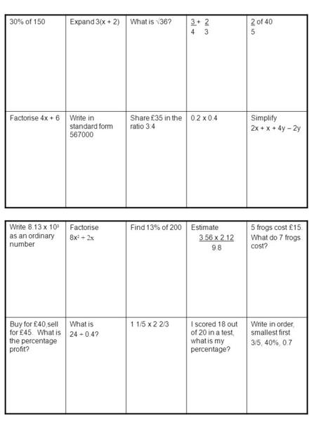 30% of 150Expand 3(x + 2)What is √36?3 + 2 4 3 2 of 40 5 Factorise 4x + 6Write in standard form 567000 Share £35 in the ratio 3:4 0.2 x 0.4Simplify 2x.