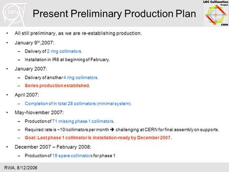 RWA, 8/12/2006 Present Preliminary Production Plan All still preliminary, as we are re-establishing production. January 9 th,2007: –Delivery of 2 ring.