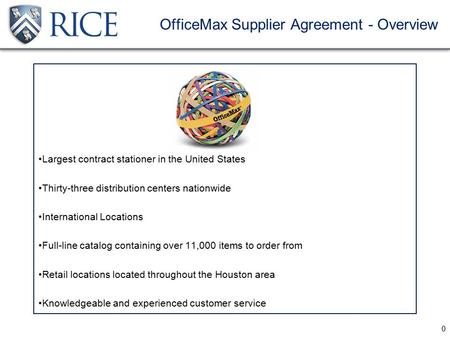 0 OfficeMax Supplier Agreement - Overview Largest contract stationer in the United States Thirty-three distribution centers nationwide International Locations.