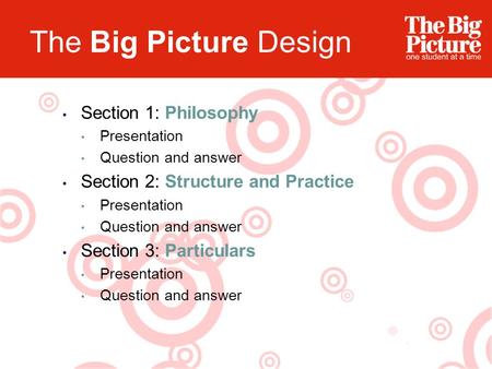 The Big Picture Design Section 1: Philosophy Presentation Question and answer Section 2: Structure and Practice Presentation Question and answer Section.