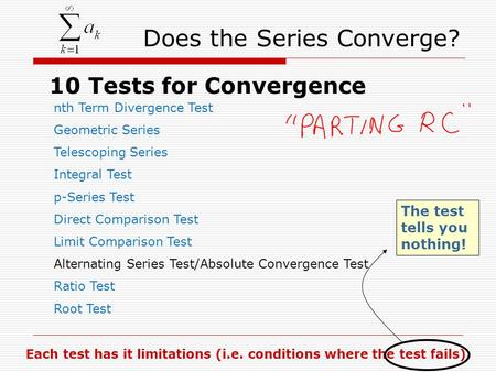 Does the Series Converge? 10 Tests for Convergence nth Term Divergence Test Geometric Series Telescoping Series Integral Test p-Series Test Direct Comparison.