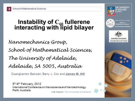 School of Mathematical Sciences Life Impact The University of Adelaide Instability of C 60 fullerene interacting with lipid bilayer Nanomechanics Group,