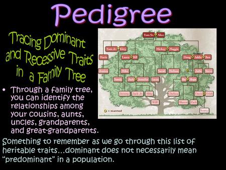 Through a family tree, you can identify the relationships among your cousins, aunts, uncles, grandparents, and great-grandparents. Something to remember.