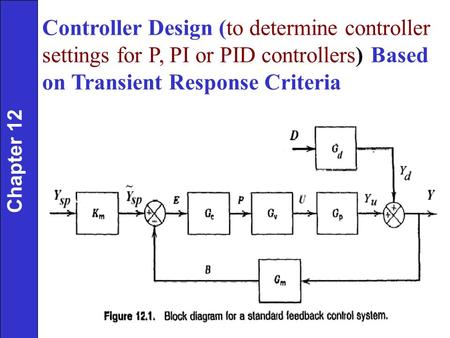 Controller Design (to determine controller settings for P, PI or PID controllers) Based on Transient Response Criteria Chapter 12.