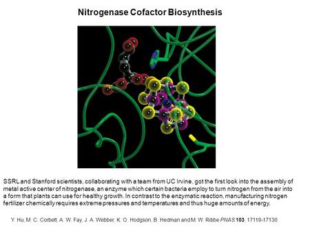 SSRL and Stanford scientists, collaborating with a team from UC Irvine, got the first look into the assembly of metal active center of nitrogenase, an.