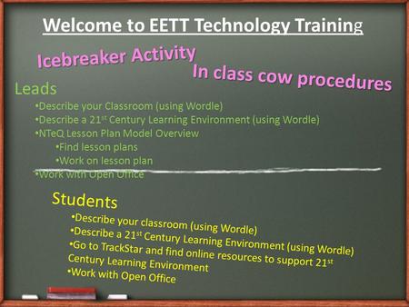 Welcome to EETT Technology Training Icebreaker Activity Leads Describe your Classroom (using Wordle) Describe a 21 st Century Learning Environment (using.