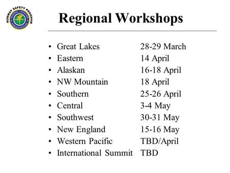 Regional Workshops Great Lakes28-29 March Eastern 14 April Alaskan 16-18 April NW Mountain 18 April Southern 25-26 April Central3-4 May Southwest30-31.