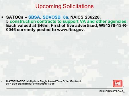 BUILDING STRONG ® Upcoming Solicitations  SATOCs – SBSA, SDVOSB, 8a, NAICS 236220, 5 construction contracts to support VA and other agencies. Each valued.