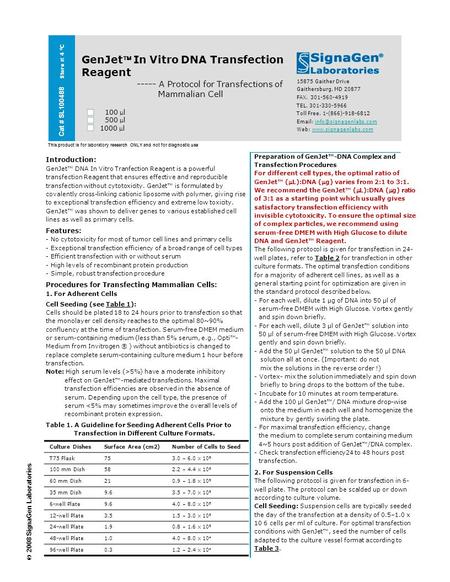 Cat # SL100488 Store at 4 0 C GenJet In Vitro DNA Transfection Reagent ----- A Protocol for Transfections of Mammalian Cell 100 l 500 l 1000 l 15875.