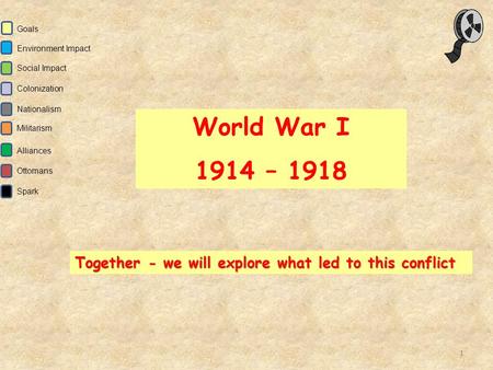 1 World War I 1914 – 1918 Goals Environment Impact Social Impact Colonization Nationalism Militarism Alliances Ottomans Spark Together - we will explore.