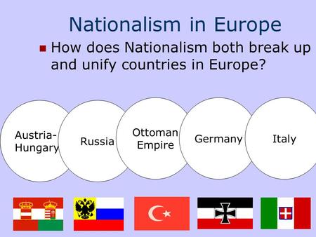 Nationalism in Europe How does Nationalism both break up and unify countries in Europe? Ottoman Empire Germany Italy Austria- Hungary Russia.