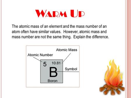 W ARM U P The atomic mass of an element and the mass number of an atom often have similar values. However, atomic mass and mass number are not the same.