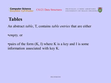 CS121 Data Structures CS121 © JAS 2004 Tables An abstract table, T, contains table entries that are either empty, or pairs of the form (K, I) where K is.