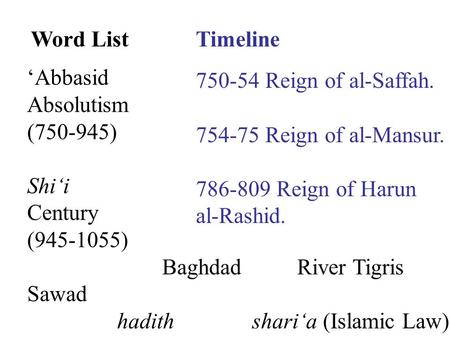 Word ListTimeline ‘Abbasid Absolutism (750-945) Shi‘i Century (945-1055) BaghdadRiver Tigris Sawad hadithshari‘a (Islamic Law) 750-54 Reign of al-Saffah.