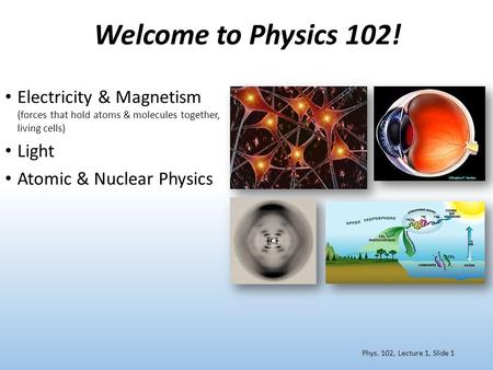 Welcome to Physics 102! Electricity & Magnetism (forces that hold atoms & molecules together, living cells) Light Atomic & Nuclear Physics Phys. 102, Lecture.