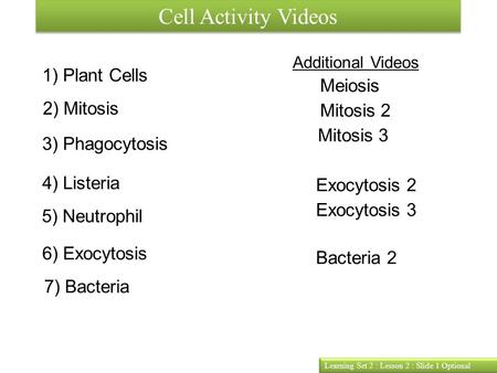 Cell Activity Videos Learning Set 2 : Lesson 2 : Slide 1 Optional 1) Plant Cells 2) Mitosis 3) Phagocytosis 4) Listeria 5) Neutrophil 6) Exocytosis 7)