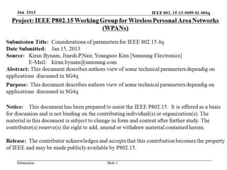 IEEE 802. 15-13-0059-01-004q Submission Slide 1 Project: IEEE P802.15 Working Group for Wireless Personal Area Networks (WPANs) Submission Title:Considerations.