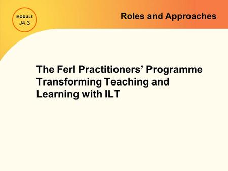 The Ferl Practitioners’ Programme Transforming Teaching and Learning with ILT J4.3 Roles and Approaches.