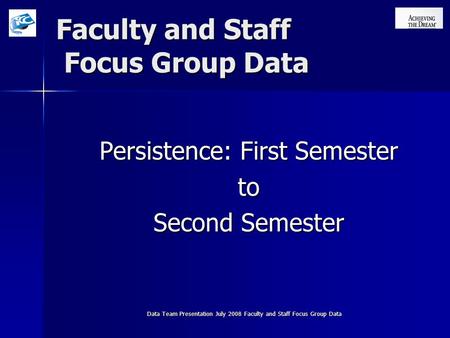 Data Team Presentation July 2008 Faculty and Staff Focus Group Data Faculty and Staff Focus Group Data Persistence: First Semester to Second Semester.